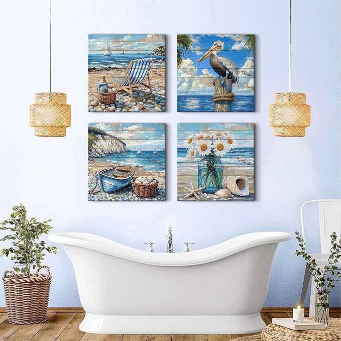 Nautical Beach Bathroom Wall Decor Retro Seascape Picture Canvas Prints Bedroom Coastal Pelican Poster for Living Room Teal Beach Flower Boat Wooden Grain Art Framed Artwork Home Decorations 20x20 4P