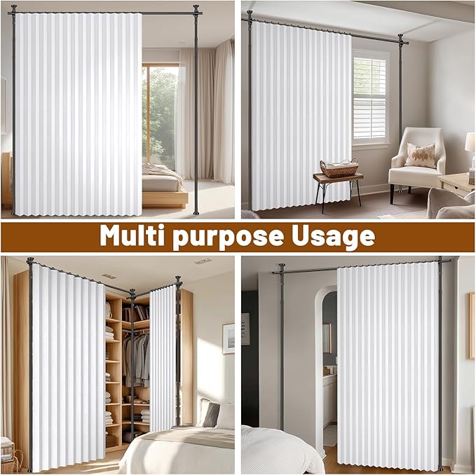 AJAZZ Privacy Curtains for Room Divider with Blackout & Soundproof (White, W100 x L84 in, 1 Panel)+ No Drill Curtain Rod(H) 43-120×(W) 35-100 in, Wall Divider for Bedroom/Studio/Office Curtain