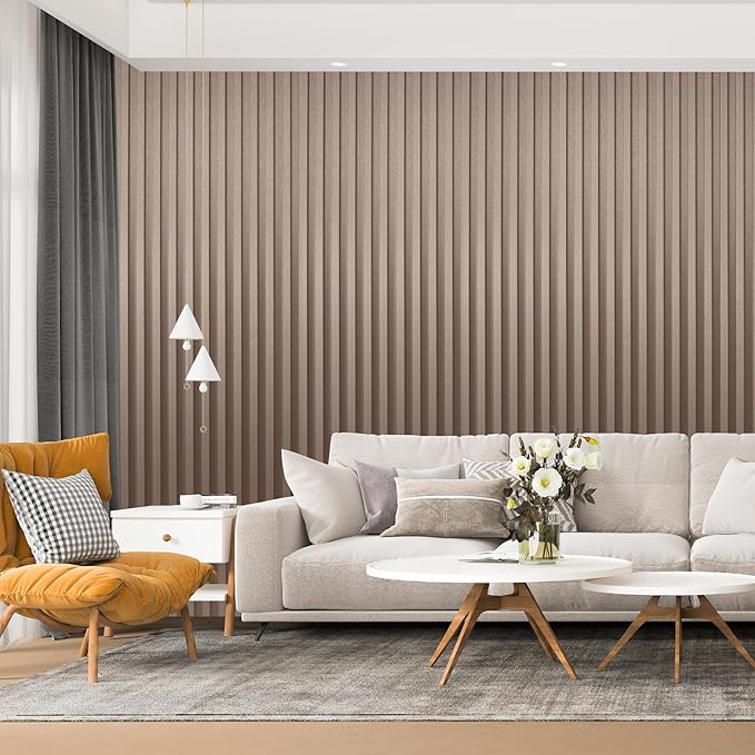 Art3d 8 Pack 104" x 6.7" Slat Wall Paneling, Glossy Metal Finish WPC 3D Wall Panels, 3D Panels for Interior Wall Decor, Living Room, Bedroom - Textured Brown