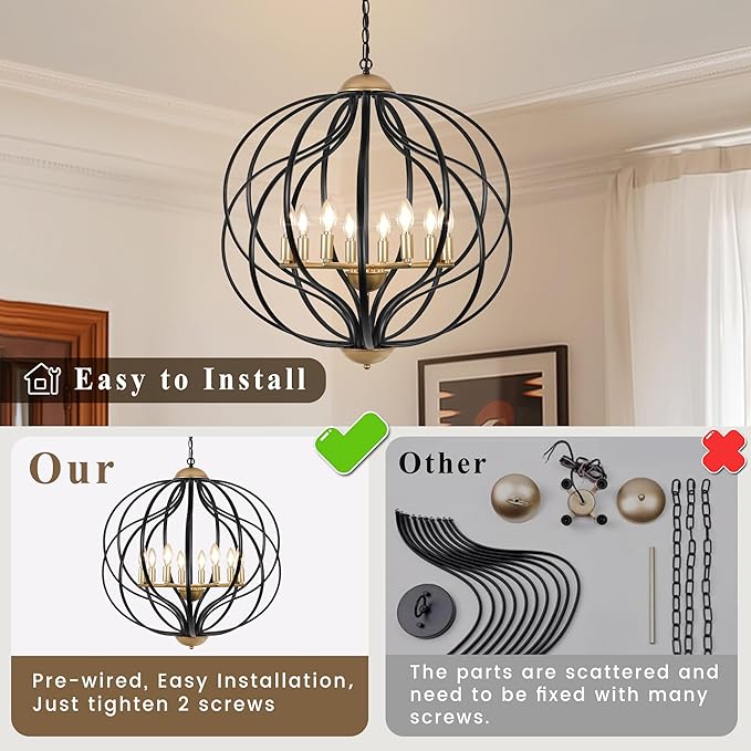 Black and Gold Chandeliers for Dining Room,25.6" Large Sphere Chandelier,8-Light Geometric Modern Farmhouse Pendant Light Orb Metal Industrial Chandelier for Foyer Entryway Stairway Living Room