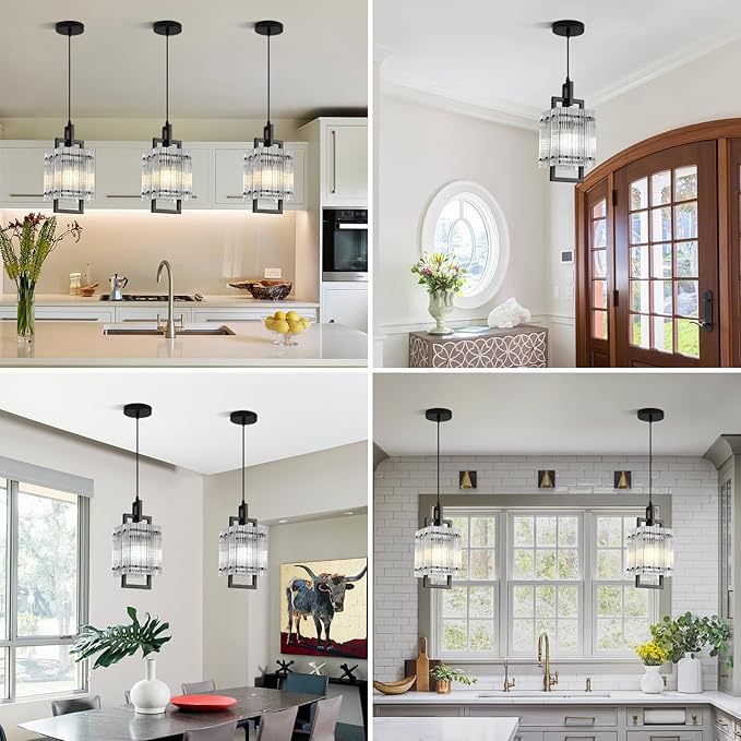 Modern Pendant Light Fixtures with Clear Glass Matte Black Pendant Lights Kitchen Island Adjustable Square Hanging Pendant Lighting for Dining Room Over Sink Hallway 1 Pack 12 inches