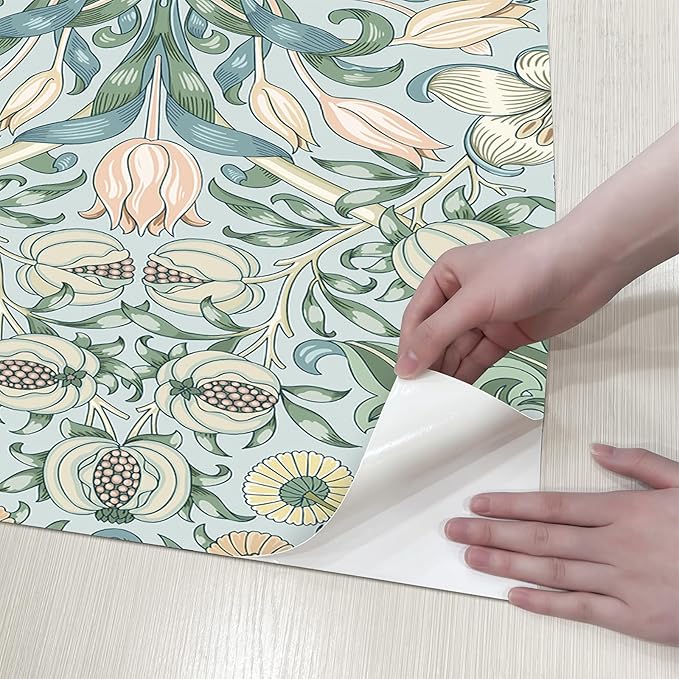 17.3"x394" Peel and Stick Vintage Floral Contact Paper Blue Background Pink Pomegranate Flower William Morris Wallpaper Self Adhesive Wall Paper Removable