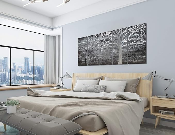 BATRENDY ARTS Black and Silver Tree Metal Art Hand-polished Wall Decor 3D Modern Home Accent for Bedroom Decoration 5 Panels Hanging Scuplture