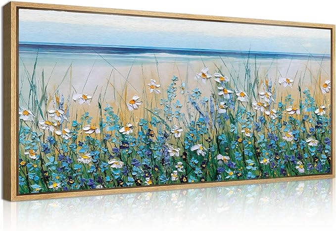 Large Blue Seaside Cyan Floral Wall Painting wildflower Blossom Art Framed Artwork for Living Room Bedroom 20x40 Inch
