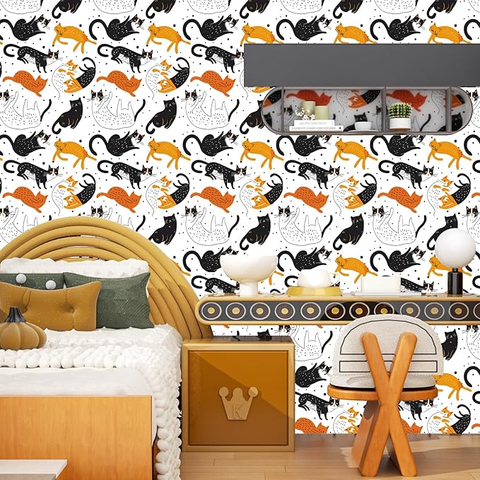 Cat Peel and Stick Wallpaper Boho Leaf Contact Paper Cute Animal Removable Self Adhesive Waterproof Wall Paper for Cabinet Drawers Wall Decor Renter Friendly 17.5''x118''