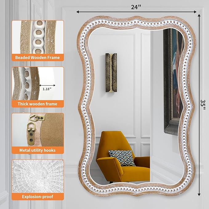 35" x 24" Rustic Farmhouse Mirror for Wall Decor, Wooden Beads Decorative Mirrors for Living Room, Bedroom, Hallway, Bathroom, Entryway - Vertical or Horizontal Hanging