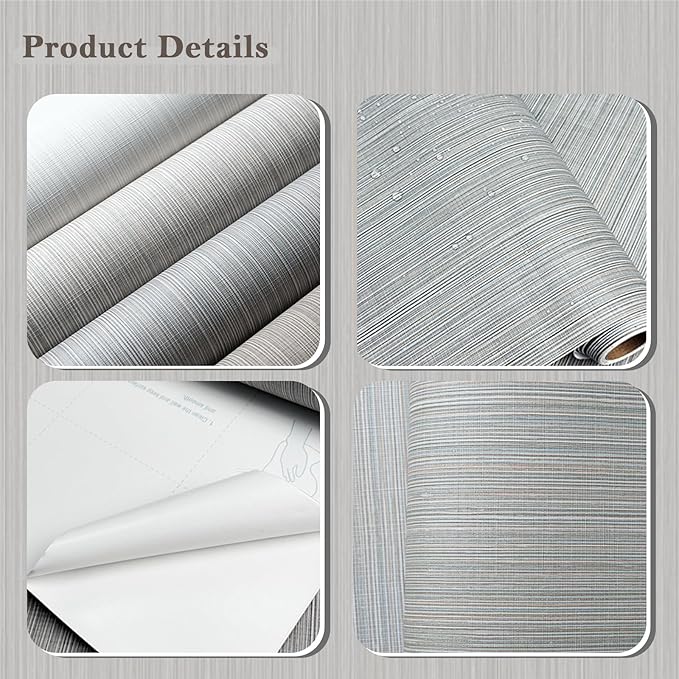 20.8" x 196.8" Thick Peel and Stick Grasscloth Wallpaper, Grey Linen Wallpaper Self-Adhesive Fabric Wall Paper