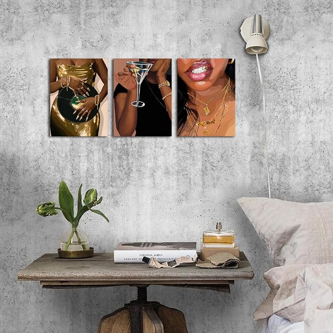 Black Girl Wall Art Fashion American African Women Canvas Pictures for Bedroom Retro Trendy Cocktail Gold Jewelry Posters Girly Prints Modern Artwork Living Room Bathroom Home Decorations 12x16" 3Pcs