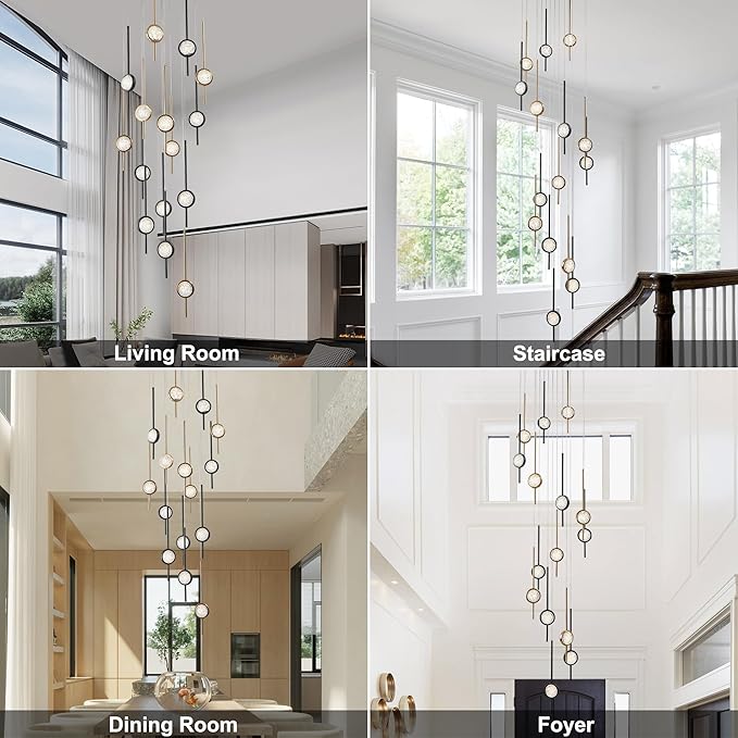 Modern Crystal 15-Light Chandelier, Black and Gold Special Exclusive Bubble Raindrop Chandelier for Spiral Staircase, Foyer, Entryway,High Ceiling (45W)