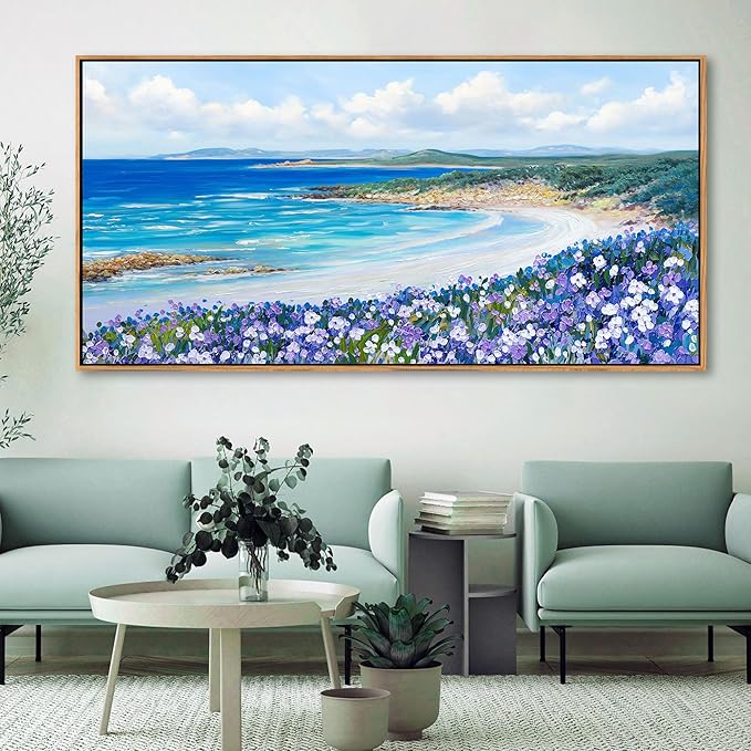 Mofutinpo Coastal Beach Wall Art,Large Purple Flower Landscape Canvas Wall Art for Living Room & Bedroom Decor, Framed Blue Beach Pictures & Paintings for Walls,Ocean Artwork for Home & Office 24x48IN