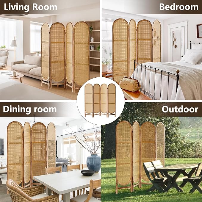 4 Panels Room Dividers and Hand-Woven Rattan Room Divider Wall, Wood Room Divider Folding Privacy Screens for Home Office Bedroom, Light Brown
