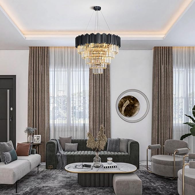 5-Tier 27.5" Black Chandelier, 9-Light Modern Crystal Chandelier, Luxury Round K9 Crystal Chandeliers Pendant Light Fixture for Dining Room, Living Room, Bedroom, Foyer, Entryway, Kitchen, Restaurant