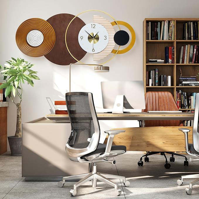 Large Mid Century Clock for Living Room,Modern Unique Battery Operated Wall Clocks Silent Iron & Wood Big Wall Clock Brown Circle Geometric Clocks for Home,Living Room,Bedroom 47.2X22.8inch