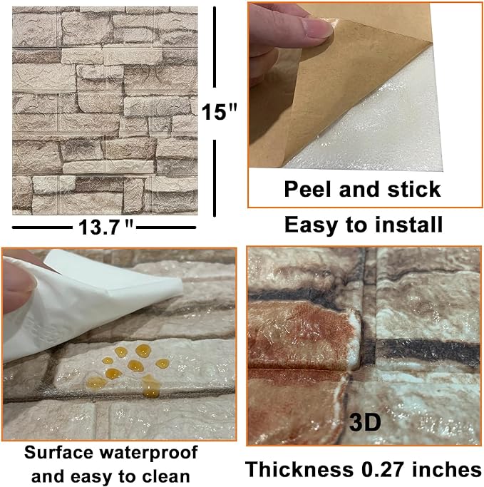 Yutianli 10PSC 3D Wall Panels Peel and Stick Faux Brick Wall Panels Self-Adhesive 3D Brick Wallpaper Foam Stone Wall Panel
