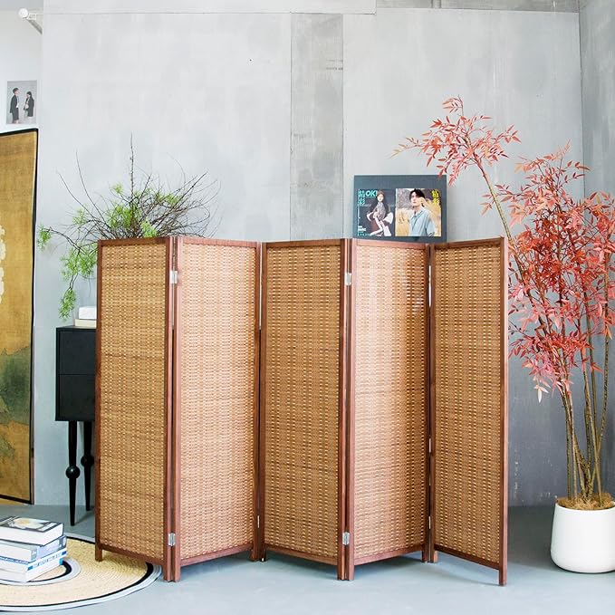 5 Panel Room Divider Short Folding Screen Divider,Double Sided Bamboo Panel Divider for Room Separation,Brown,47.2" H x 76.75" W