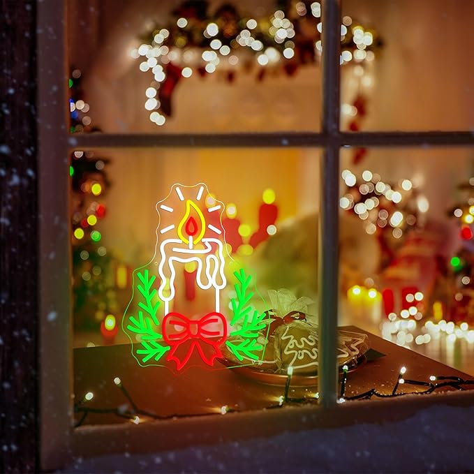 Candle Christmas Neon Sign with Dimmable Switch Christmas Bow Holly Neon Light Sign for Xmas Pray Home New Year Party Church Wedding Store Wall Decorations