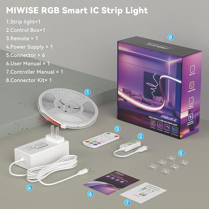MIWISE COB LED Strip Light,RGB Smart IC COB LED Strip Lights Music Sync Bluetooth with APP Control,Addressable Color Chasing DIY 16M Colors,LED Tape Lighting for Bedroom Home Party Decor,9.84ft