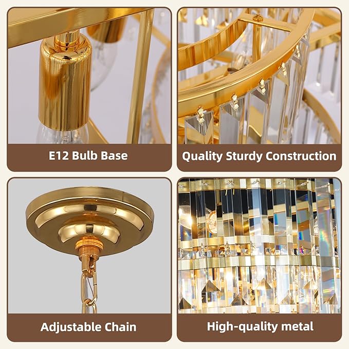 17.6" Modern Crystal Chandelier, 3-Tier Gold Pendant Light with 6 Lights, Luxury K9 Crystal Ceiling Fixture for Dining Room Living Room Foyer