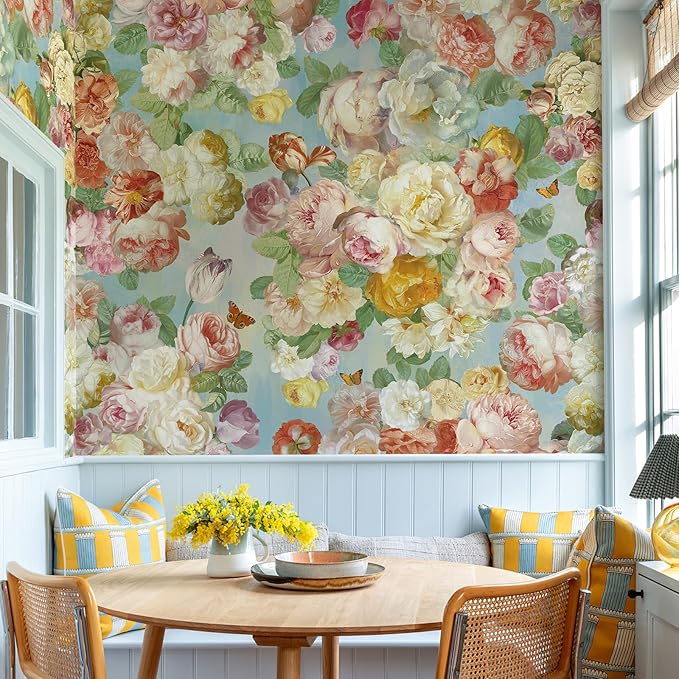 Large French Floral Wall Murals Colorful Peony Flower Wallpaper Peel and Stick 87" W x 110" H Self Adhesive Oil Painting Wallpaper for Bedroom Living Room TV Background Home Wall Decor