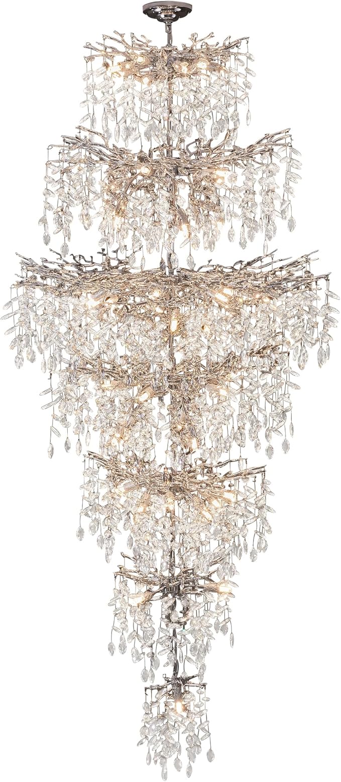 Modern Staircase K9 Chandeliers, Luxury Silver Long 7-Tier Large Foyer Entrance Chandeliers for High Ceiling Big Crystal Chandelier(Height 87 Inch 55 Lights)