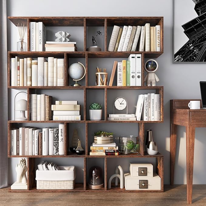 5 Tier Geometric Bookcase, S Shaped Bookshelf, Modern Decorative Storage Shelving, Wooden Room Divider Bookcase, 62.5" Tall Staggered Display Book Shelf for Living Room (2, Rustic Brown)