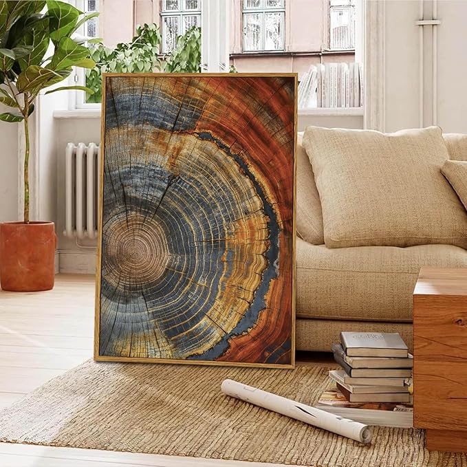BingruiArt Large Framed Tree Ring Canvas Wall Art Red and Gold Abstract Wood Wall Decor Boho Modern Colorful Nature Prints Pictures for Living Room Bedroom Bathroom 24"x36" Natural Framed(03)