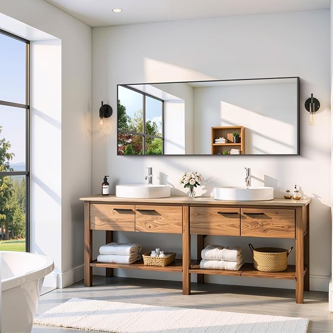 Black Bathroom Mirror for Wall, 24x60 Inch Rectangle with Metal Frame, Modern Vanity for Bathroom Living Room, Entryway Hangs Horizontal or Vertical