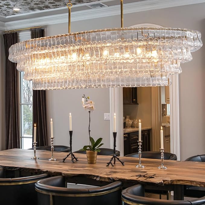 65 Inch Large Rectangular Gold Chandelier for Dining Room, Clear Glass Drum Modern Pendant Light Fixture, Extra Long Kitchen Island Lighting