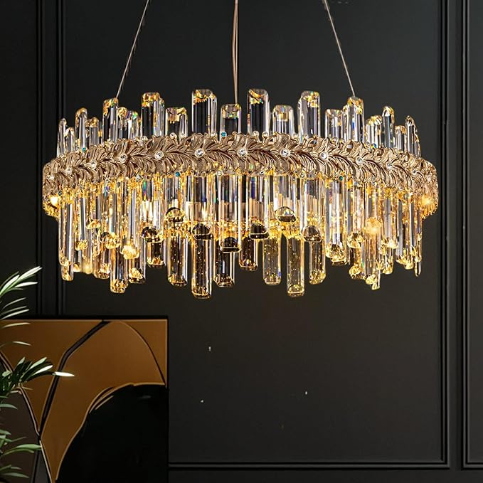 Luxury Crystal Chandeliers for Dining Room,14.9“ Gold K9 Crystal Chandelier,Adjustable Pendant Ceiling Light Fixture with Leaf-Edge for Living Room Foyer Entryway (Brass Gold 3, D15 H10)