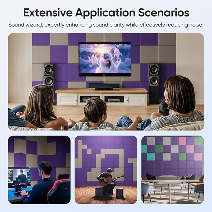 12 Pack 12" X 12" X 0.4" Acoustic Panels for Wall Sound Absorbing, Square Self-Adhesive Sound Panel, High Density Suitable for Multiple Scenarios(Violet)
