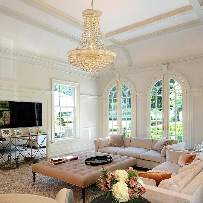 11-Light Empire Crystal Chandelier Light Fixture, Modern Crystal Chandeliers Empire Style K9 Chandeliers Gold Finish Luxury Chandelier for Living Dining Room Bedroom Stairway Foyer Hallway D24"