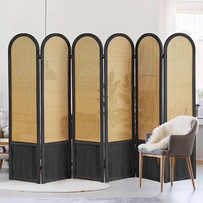 6 Panel Room Divider and Folding Privacy Screen, 5.6 Ft Foldable Double Hinged Rattan Partition, Hand-Woven Rattan Room Divider Portable Wood Freestanding Wall Divider for Room Separation - Black