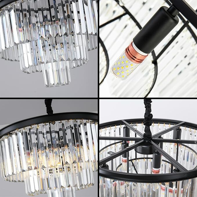 Modern Black Crystal Chandelier,3-Tier Round Pendant Ceiling Fixture with Height Adjustable Luxury Hanging Chandelier for Dining Room,Living Room,Entryway,Bedroom,Kitchen,and Foyer (Black Crystal-3)