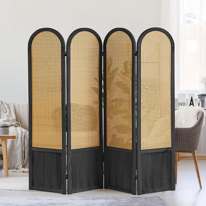 4 Panel Room Dividers and Folding Privacy Screens, Hand-Made Rattan Room Divider with Bi-Directional Hinge, Pre-Assembled Wood Room Divider Wall for Home Office Bedroom, Black
