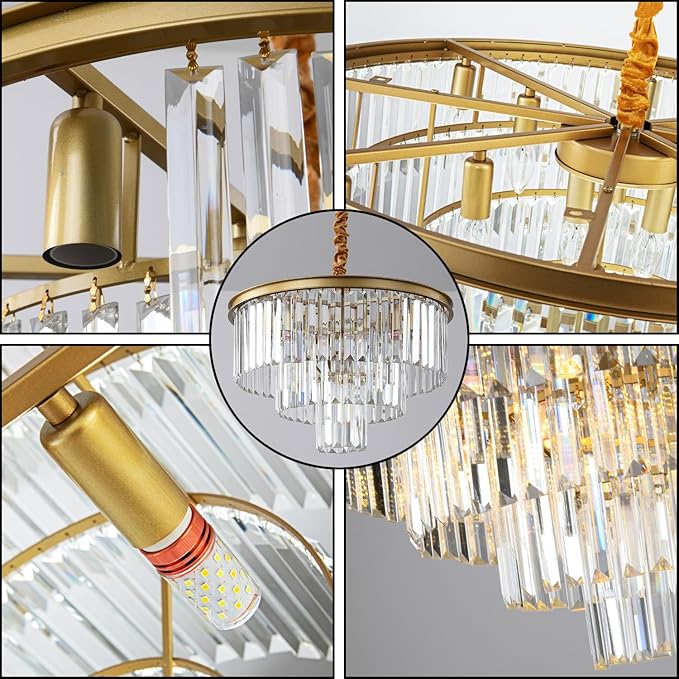 Modern Gold Crystal Chandelier,3-Tier Round Pendant Ceiling Fixture with Height Adjustable Luxury Hanging Chandelier for Dining Room,Living Room,Entryway,Bedroom,Kitchen,and Foyer (Gold Crystal-3)