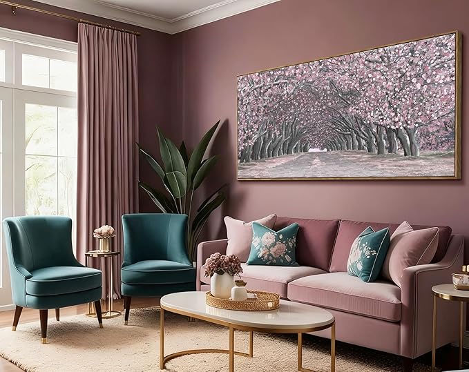 Nicetop Big Framed Canvas Wall Art for Living Room – Large Pink Abstract Floral Canvas Print Cherry Blossom Tree Tunnel Artwork – Oversized Spring Landscape Picture Bedroom Girls Women Decor 58x29Inch