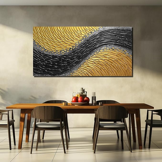 Black and Gold Hand Painted Oil Painting for Bedroom Abstract Pictures for Living Room Large 3D Textured Canvas Wall Art for Office Size 29 x 58 Inch