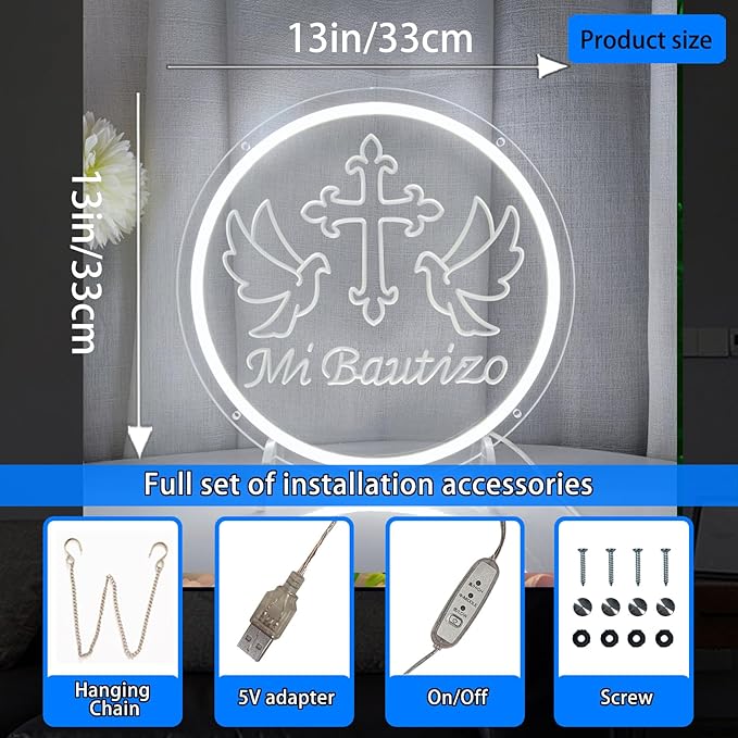 Mi Bautizo Neon Signs for Baptism Decorations, Recuerdos de Bautizo Led Lights Sign for Birthday Party Decor, Para Niño Niña, Room, Bedroom, Garden, Christmas, INSNEnN, 13 * 13 Inches