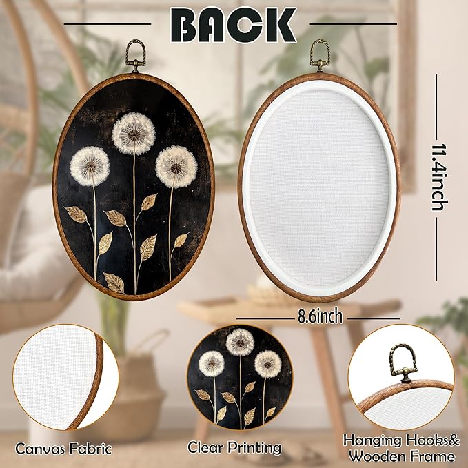 BCUANGD Vintage Dandelion Oval Wall Art Decor - Rustic Retro Floral Botanical Wall Art Canvas Frame Artwork Prints, Black Mid Century Modern Round Wall Hanging Decorations for Home Bedroom, 8.6"x11.4"