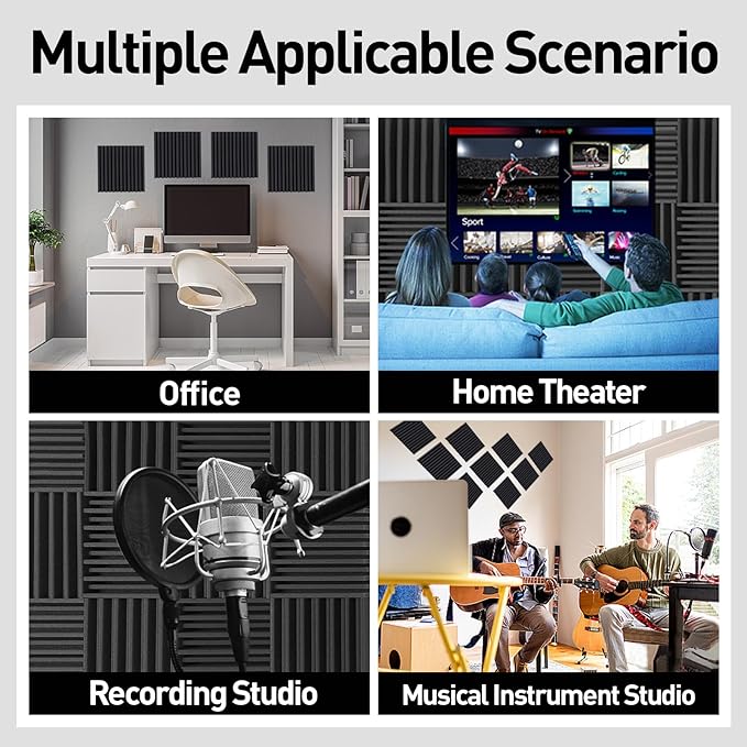 24 Pack Acoustic Foam Panels, Self-adhesive Grooved Black Sound Proofing Panels, 12x12x2 Inches, High Density Sound Proof Foam Panels for Walls, Studio Recording, Office, Home