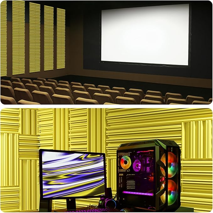 12 Pack Acoustic Foam Panels for Walls, 12" x 12" x 2" Soundproof Wall Panels, Self-Adhesive Soundproofing Padding, High Resilience Sound Absorbing Panels for Home Studios, Offices - Yellow