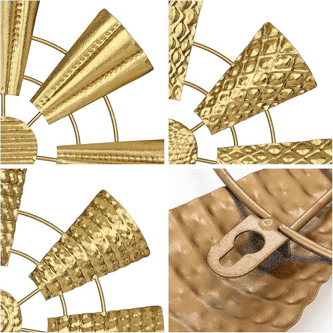 Briful 12" Wall Décor Pack of 3 Metal Gold Windmill Radial Plate Wall Art Modern Accent Hanging Wall Decorations For Home Office Living Room Wall Sculptures