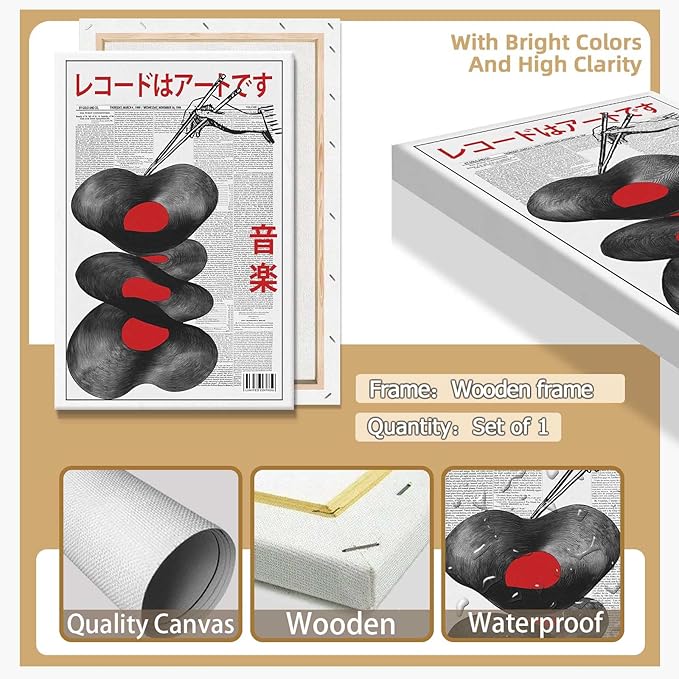 Japanese Retro Music Newspaper Poster Vintage Vinyl Record Canvas Wall Art Abstract Distorted Record Aesthetic Prints Painting For Home Bedroom Dorm Living Room Wall Decor 12x16in Framed