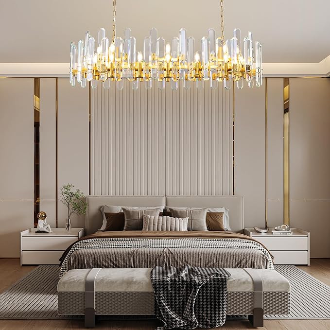 54" Modern Gold Crystal Chandelier, 24-Light Luxury Rectangular Chandelier for Dining Room, Kitchen Island, Living Room, Bedroom, Foyer, Contemporary Adjustable Chain Chandeliers K9 Light Fixture