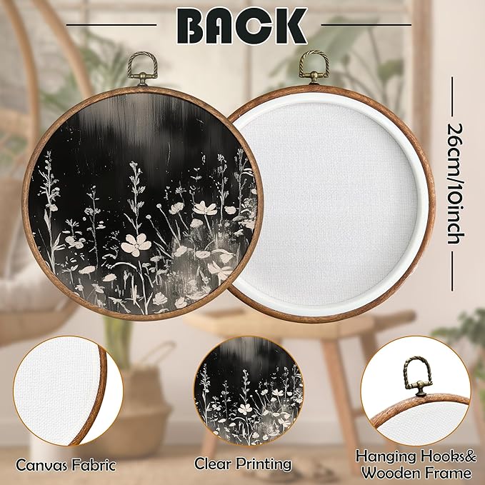 BCUANGD Vintage Flower Round Wall Art Decor - Retro Floral Botanical Wall Art Canvas Frame Artwork Prints, Mid Century Modern Flowers Round Wall Hanging Decorations for Home Bedroom, 10"x10"