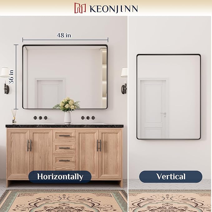 Keonjinn Black Bathroom Mirror for Over Sink, 48” x 36” Large Matte Black Mirrors for Wall, Rounded Rectangle Farmhouse Vanity Mirror, HD Tempered Glass Modern Decorative Mirror(Horizontal/Vertical)