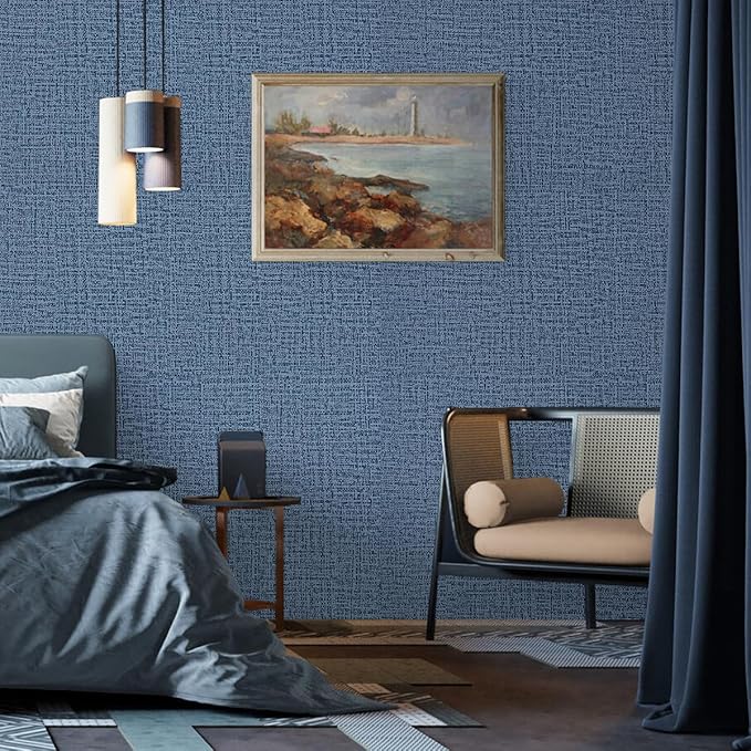Blue Wallpaper Grasscloth Peel and Stick Wallpaper 17.7inch x 118.1inch Textured Wall Paper Stick and Peel Blue Contact Paper Grasscloth Faux Linen Removable Navy Waterproof Self Adhesive Vinyl