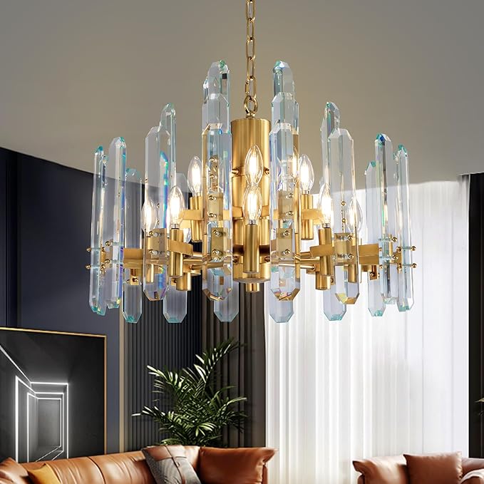 24" Modern Crystal Chandelier, 12-Light Luxury Gold Chandelier for Dining Room, Living Room, Bedroom, Foyer, Kitchen, Restaurant, Contemporary Round Adjustable Chain Chandeliers K9 Light Fixture