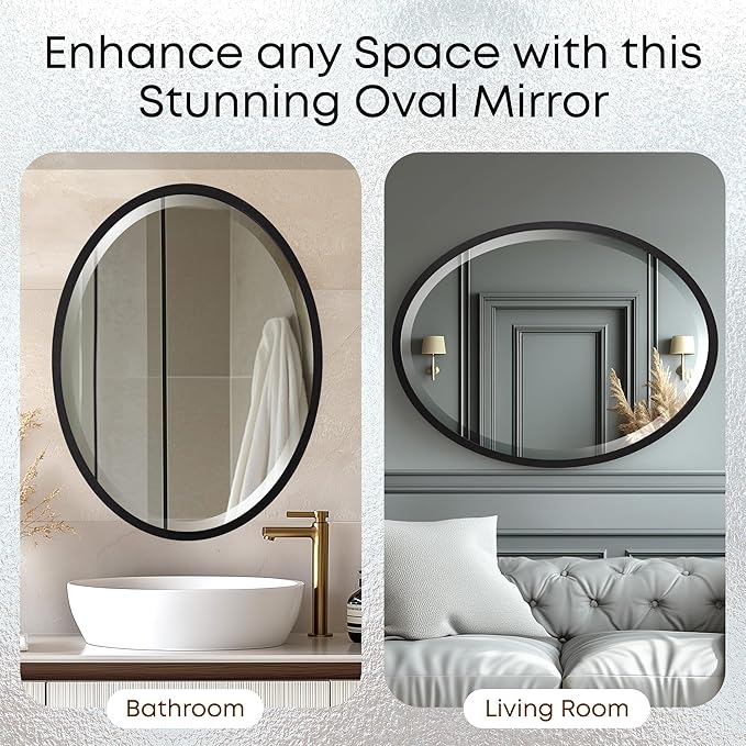 OVALCREST - Oval Wooden Beveled Wall Mirror for Home Decor, Bathroom, Vanity, Bedroom, Living Room, Hallway - London Style (Matte Black) 17.1 x 13.1