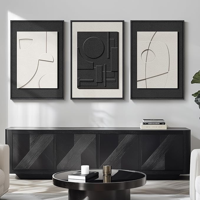 Large 3D Textured Framed Black and White Abstract Wall Art for Living Room, 3 Piece Modern Artwork for Walls, Black White Minimalist Geometric Paintings for Hallway Office Wall Decor 24x36 In